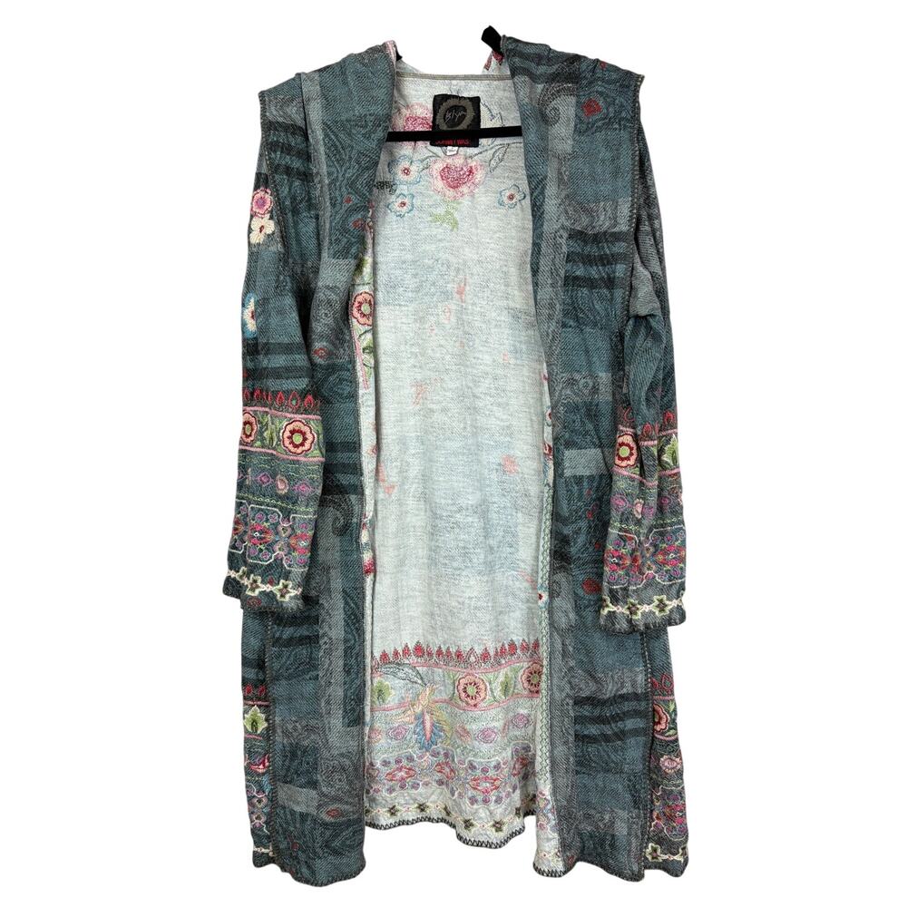 Johnny Was BIYA Blue Floral Embroidered Hooded Open Front Sweater Jacket L